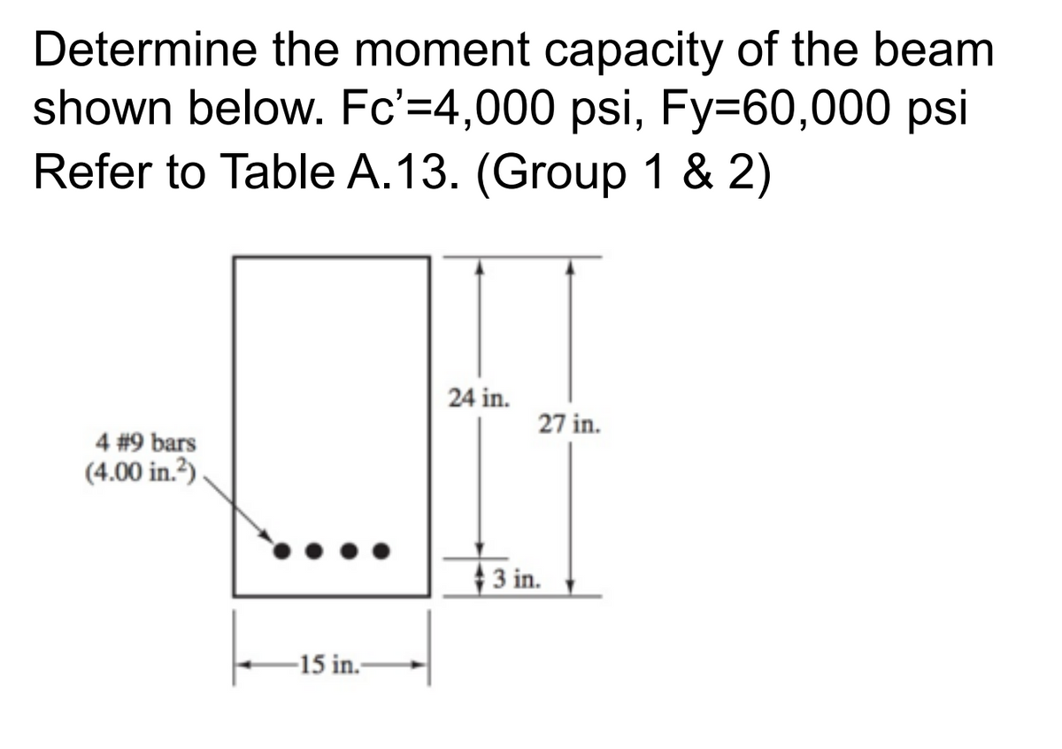 Determine the moment capacity of the beam
shown below. Fc'=4,000 psi, Fy360,000 psi
Refer to Table A.13. (Group 1 & 2)
24 in.
27 in.
4 #9 bars
(4.00 in.?) ,
3 in.
-15 in.-
