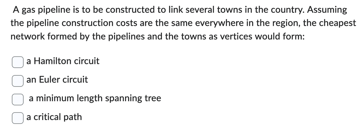 A gas pipeline is to be constructed to link several towns in the country. Assuming
the pipeline construction costs are the same everywhere in the region, the cheapest
network formed by the pipelines and the towns as vertices would form:
a Hamilton circuit
an Euler circuit
a minimum length spanning tree
a critical path