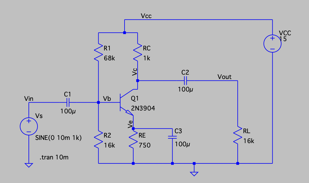 Vcc
VCC
+15
R1
RC
68k
1k
C2
Vout
100µ
C1
Vin
Vb
Q1
2N3904
100µ
Vs
+
C3
RL
R2
RE
SINE(O 10m 1k)
16k
16k
750
100µ
.tran 10m
Vc W
