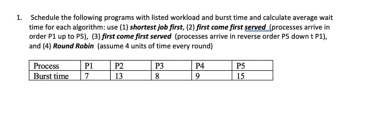 1.
Schedule the following programs with listed workload and burst time and calculate average wait
time for each algorithm: use (1) shortest job first, (2) first come first served (processes arrive in
order P1 up to P5), (3) first come first served (processes arrive in reverse order P5 down t P1),
and (4) Round Robin (assume 4 units of time every round)
Process
Burst time
P1
7
P2
13
P3
8
P4
9
P5
15