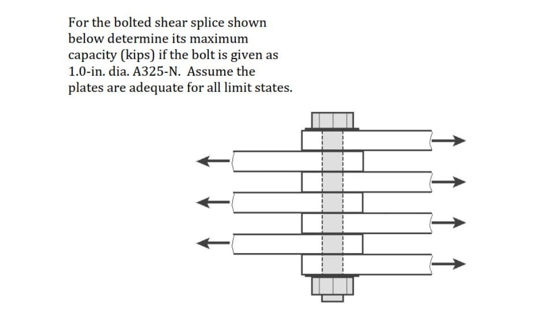 For the bolted shear splice shown
below determine its maximum
capacity (kips) if the bolt is given as
1.0-in. dia. A325-N. Assume the
plates are adequate for all limit states.
1
I
I
I
I
1
1
I