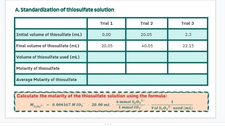 A. Standardlzatlon of thlosulfate solutlon
Trial 1
Trial 2
Trial 3
Initial volume of thiosulfate (mL)
0.00
20.05
2.3
Final volume of thiosulfate (mL)
20.05
40.05
22.15
Volume of thiosulfate used (mL)
Molarity of thiosulfate
Average Molarity of thiosulfate
Calculate the molarity of the thiosulfate solution using the formula:
6 mmol S20,²-
1 mmol 10,
Ms,0,2-
0.004167 M 10,- 20.00 ml
Vol S20,²- used (mL)
