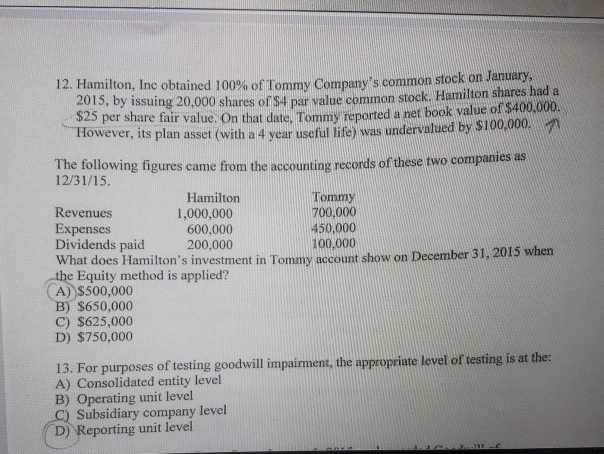 12. Hamilton, Inc obtained 100% of Tommy Company's common stock on January,
2015, by issuing 20,000 shares of $4 par value common stock. Hamilton shares had a
$25 per share fair value. On that date, Tommy reported a net book value of $400,000.
However, its plan asset (with a 4 year useful life) was undervalued by $100,000.
The following figures came from the accounting records of these two companies as
12/31/15.
Tommy
700,000
1,000,000
600,000
450,000
200,000
100,000
What does Hamilton's investment in Tommy account show on December 31, 2015 when
the Equity method is applied?
A) $500,000
B) $650,000
C) $625,000
D) $750,000
Hamilton
Revenues
Expenses
Dividends paid
13. For purposes of testing goodwill impairment, the appropriate level of testing is at the:
A) Consolidated entity level
B) Operating unit level
C) Subsidiary company level
D) Reporting unit level