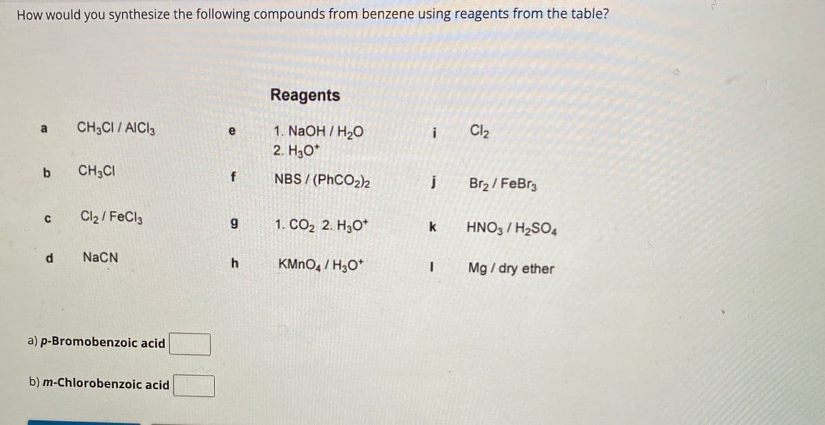 How would you synthesize the following compounds from benzene using reagents from the table?
a
b
C
d
CH3CI / AICI 3
CH3CI
Cl2/FeCl3
NaCN
a) p-Bromobenzoic acid
b) m-Chlorobenzoic acid
e
f
9
h
Reagents
1. NaOH / H₂O
2. H3O*
NBS/(PhCO2)2
1. CO₂ 2. H3O+
KMnO4 / H3O+
i
j
k
I
Cl₂
Br₂/FeBr3
HNO3 / H₂SO4
Mg / dry ether