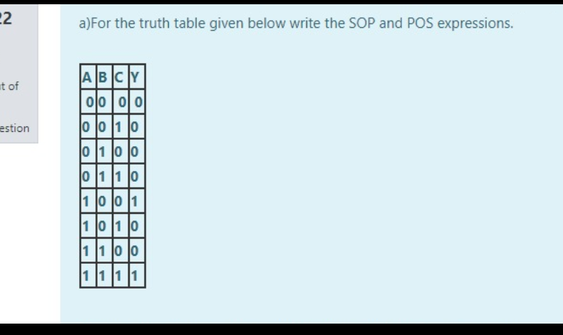 22
a)For the truth table given below write the SOP and POS expressions.
ABCY
ut of
이0| 01 0
estion
o o 1 0
o 1 0 o
0 11 0
100 1
10 10
1 100
11 1
