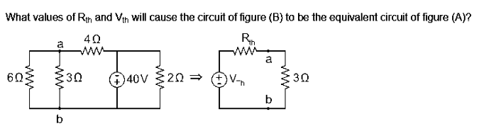 What values of Rn and Vin will cause the circuit of figure (B) to be the equivalent circuit of figure (A)?
40
ww-
ww
a
60g 30
40V $20 = Vn
V-,
30
b
