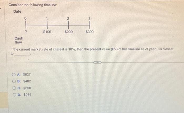 Consider the following timeline:
Date
Cash
flow
$100
OA. $627
OB. $482
OC. $600
OD. $964
2
$200
3
$300
If the current market rate of interest is 10%, then the present value (PV) of this timeline as of year 0 is closest
to
ICCESS