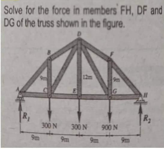 Solve for the force in members FH, DF and
DG of the truss shown in the figure.
9m
12m
9m
R
300 N
R3
300 N
900 N
to
9m
to
9m
9m
9m
