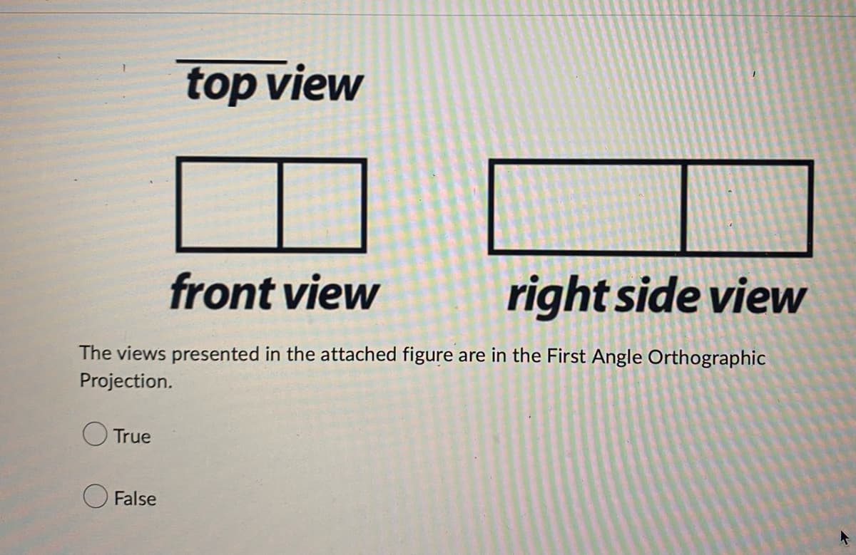 top view
front view
right side view
The views presented in the attached figure are in the First Angle Orthographic
Projection.
True
False