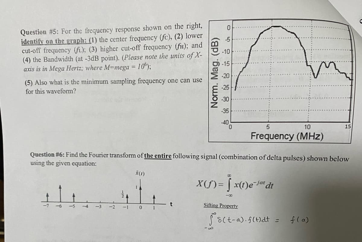 Question #5: For the frequency response shown on the right,
identify on the graph: (1) the center frequency (fc), (2) lower
cut-off frequency (fi); (3) higher cut-off frequency (fi); and
(4) the Bandwidth (at -3dB point). (Please note the units of X-
axis is in Mega Hertz; where M=mega = 10°);
(5) Also what is the minimum sampling frequency one can use
for this waveform?
-6
X(t)
-1 0 1
Norm. Mag. (dB)
t
0
-5
-10
-20
-25
-30
-35
-40
Question #6: Find the Fourier transform of the entire following signal (combination of delta pulses) shown below
using the given equation:
0
5
10
Frequency (MHz)
X(ƒ)= ↑ x(t)e¯jør dt
88
Sifting Property
15
s(t-a). f(t)dt = f(a)