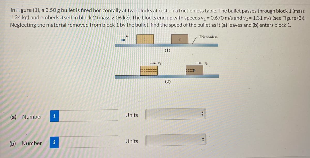 In Figure (1), a 3.50 g bullet is fired horizontally at two blocks at rest on a frictionless table. The bullet passes through block 1 (mass
1.34 kg) and embeds itself in block 2 (mass 2.06 kg). The blocks end up with speeds v₁ = 0.670 m/s and v₂ = 1.31 m/s (see Figure (2)).
Neglecting the material removed from block 1 by the bullet, find the speed of the bullet as it (a) leaves and (b) enters block 1.
(a) Number
(b) Number
i
i
Units
Units
1
V1
(1)
(2)
2
PR
-Frictionless
10
19