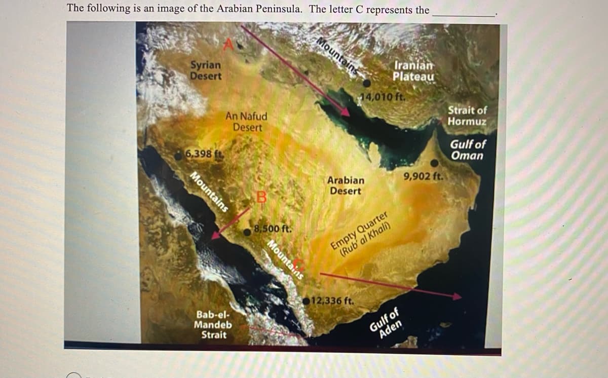 The following is an image of the Arabian Peninsula. The letter C represents the
Syrian
Desert
6,398
Mountains
An Nafud
Desert
Bab-el-
Mandeb
Strait
8,500 ft.
Mountains
Mountains
Arabian
Desert
Iranian
Plateau
14,010 ft.
12,336 ft.
Empty Quarter
(Rub' al Khali)
Gulf of
Aden
9,902 ft.
Strait of
Hormuz
Gulf of
Oman