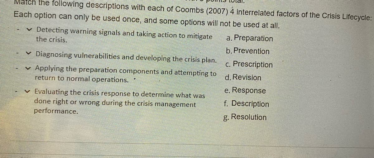 Match the following descriptions with each of Coombs (2007) 4 interrelated factors of the Crisis Lifecycle:
Each option can only be used once, and some options will not be used at all.
a. Preparation
b. Prevention
c. Prescription
d. Revision
e. Response
f. Description
g. Resolution
V Detecting warning signals and taking action to mitigate
the crisis.
✓ Diagnosing vulnerabilities and developing the crisis plan.
✓ Applying the preparation components and attempting to
return to normal operations.
✓ Evaluating the crisis response to determine what was
done right or wrong during the crisis management
performance.