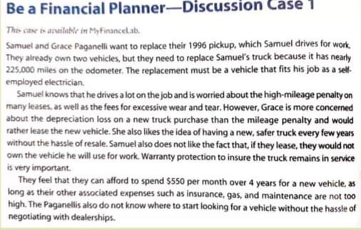 Be a Financial Planner-Discussion Casé 1
This case is arailable in MyFinancelab.
Samuel and Grace Paganelli want to replace their 1996 pickup, which Samuel drives for work.
They already own two vehicles, but they need to replace Samuel's truck because it has nearly
225,000 miles on the odometer. The replacement must be a vehicle that fits his job as a self-
employed electrician.
Samuel knows that he drives a lot on the job and is worried about the high-mileage penalty on
many leases, as well as the fees for excessive wear and tear. However, Grace is more concerned
about the depreciation loss on a new truck purchase than the mileage penalty and would
rather lease the new vehicle. She also likes the idea of having a new, safer truck every few years
without the hassle of resale. Samuel also does not like the fact that, if they lease, they would not
own the vehicle he will use for work. Warranty protection to insure the truck remains in service
is very important.
They feel that they can afford to spend $550 per month over 4 years for a new vehicle, as
long as their other associated expenses such as insurance, gas, and maintenance are not too
high. The Paganellis also do not know where to start looking for a vehicle without the hassle of
negotiating with dealerships.

