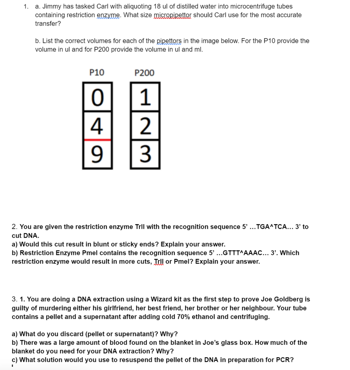 1.
a. Jimmy has tasked Carl with aliquoting 18 ul of distilled water into microcentrifuge tubes
containing restriction enzyme. What size micropipettor should Carl use for the most accurate
transfer?
b. List the correct volumes for each of the pipettors in the image below. For the P10 provide the
volume in ul and for P200 provide the volume in ul and ml.
P10
P200
1
4
9.
2. You are given the restriction enzyme Trll with the recognition sequence 5'...TGA^TCA... 3' to
cut DNA.
a) Would this cut result in blunt or sticky ends? Explain your answer.
b) Restriction Enzyme Pmel contains the recognition sequence 5' ...GTTT^AAAC... 3'. Which
restriction enzyme would result in more cuts, Trll or Pmel? Explain your answer.
3. 1. You are doing a DNA extraction using a Wizard kit as the first step to prove Joe Goldberg is
guilty of murdering either his girlfriend, her best friend, her brother or her neighbour. Your tube
contains a pellet and a supernatant after adding cold 70% ethanol and centrifuging.
a) What do you discard (pellet or supernatant)? Why?
b) There was a large amount of blood found on the blanket in Joe's glass box. How much of the
blanket do you need for your DNA extraction? Why?
c) What solution would you use to resuspend the pellet of the DNA in preparation for PCR?
N3
