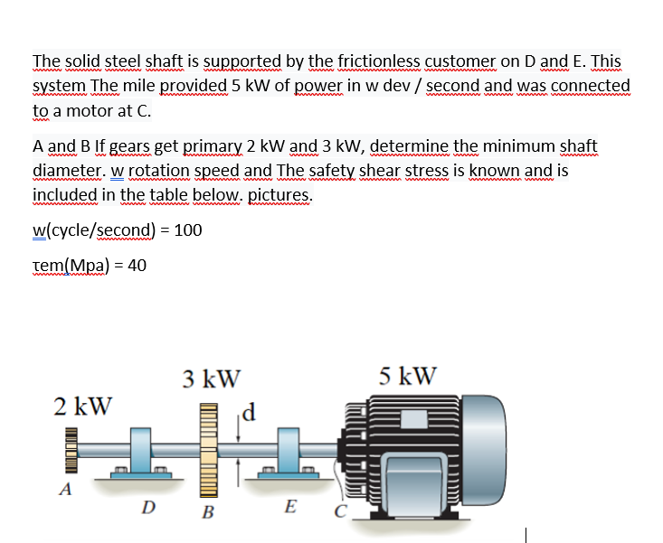 The solid steel shaft is supported by the frictionless customer on D and E. This
system The mile provided 5 kW of power in w dev / second and was connected
to a motor at C.
wwww ww
www
ww ww www wwwm www w
A and B If gears get primary 2 kW and 3 kW, determine the minimum shaft
diameter. w rotation speed and The safety shear stress is known and is
included in the table below. pictures.
wwww ww
wwwwwwwww www
wwwwww wwwwwwww wwwwwwwww
w(cycle/second) = 100
tem(Mpa) = 40
3 kW
5 kW
2 kW
A
D
B
E
C _
