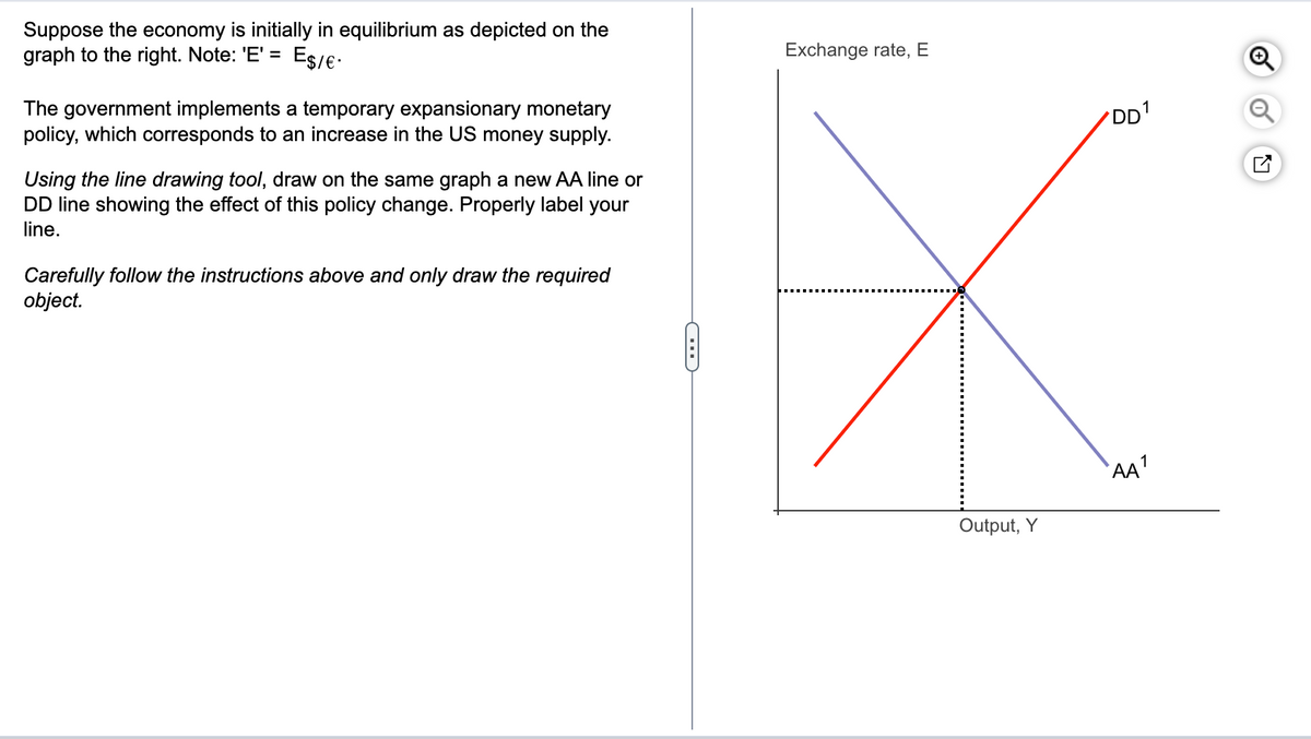 Suppose the economy is initially in equilibrium as depicted on the
graph to the right. Note: 'E' =
E$/ €.
The government implements a temporary expansionary monetary
policy, which corresponds to an increase in the US money supply.
Using the line drawing tool, draw on the same graph a new AA line or
DD line showing the effect of this policy change. Properly label your
line.
Carefully follow the instructions above and only draw the required
object.
C
Exchange rate, E
Output, Y
DD¹
AA¹