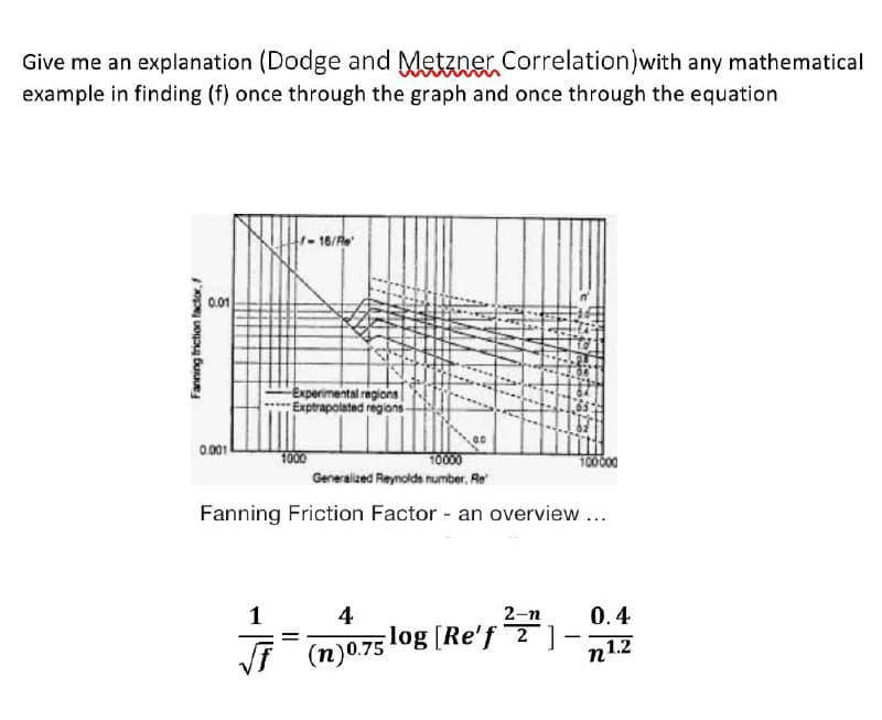 Give me an explanation (Dodge and Metzner Correlation)with any mathematical
example in finding (f) once through the graph and once through the equation
-16/Re
0.01
Experimental regions
Exptrapolated regions
0.001
10000
1000
Generalized Reynolds number. Re
100000
Fanning Friction Factor an overview ...
1
4
2-п
0.4
(n)0.75 log (Re'f2)
n1.2
VF
Fanning fhiction factor,

