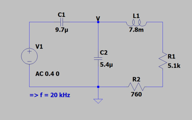 C1
L1
el
9.7µ
7.8m
v1
+.
C2
R1
5.4µ
5.1k
AC 0.4 0
R2
=>f = 20 kHz
760
