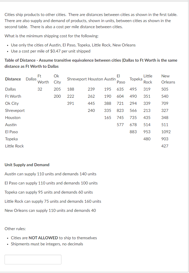 Cities ship products to other cities. There are distances between cities as shown in the first table.
There are also supply and demand of products, shown in units, between cities as shown in the
second table. There is also a cost per mile distance between cities.
What is the minimum shipping cost for the following:
• Use only the cities of Austin, El Paso, Topeka, Little Rock, New Orleans
• Use a cost per mile of $0.47 per unit shipped
Table of Distance - Assume transitive equivalence between cities (Dallas to Ft Worth is the same
distance as Ft Worth to Dallas
Distance Dallas
Dallas
Ft Worth
Ok City
Shreveport
Houston
Austin
El Paso
Topeka
Little Rock
Ft
Worth
32
Ok
City
205 188
200 222
391
.
El
Paso
239 195 635
262
445
240
Unit Supply and Demand
Austin can supply 110 units and demands 140 units
El Paso can supply 110 units and demands 100 units
Topeka can supply 95 units and demands 60 units
Little Rock can supply 75 units and demands 160 units
New Orleans can supply 110 units and demands 40
Little
Rock
495 319
190 604 490 351
388
721
294
339
335 823 566
213
165
745
735 435
577
678
514
883
953
480
Shreveport Houston Austin
Other rules:
• Cities are NOT ALLOWED to ship to themselves
Shipments must be integers, no decimals
Topeka
New
Orleans
505
540
709
327
348
511
1092
903
427