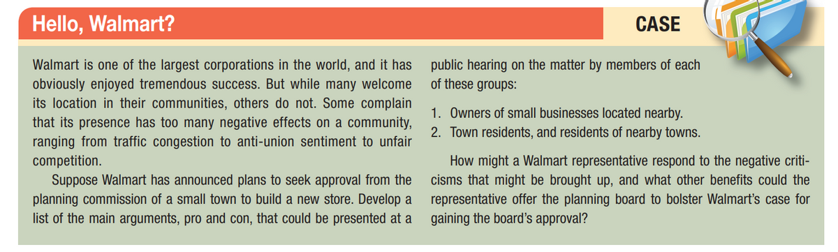 Hello, Walmart?
Walmart is one of the largest corporations in the world, and it has
obviously enjoyed tremendous success. But while many welcome
its location in their communities, others do not. Some complain
that its presence has too many negative effects on a community,
ranging from traffic congestion to anti-union sentiment to unfair
competition.
Suppose Walmart has announced plans to seek approval from the
planning commission of a small town to build a new store. Develop a
list of the main arguments, pro and con, that could be presented at a
CASE
public hearing on the matter by members of each
of these groups:
1. Owners of small businesses located nearby.
2. Town residents, and residents of nearby towns.
T
How might a Walmart representative respond to the negative criti-
cisms that might be brought up, and what other benefits could the
representative offer the planning board to bolster Walmart's case for
gaining the board's approval?