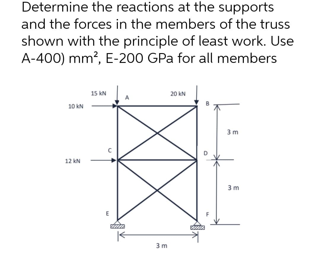 Determine the reactions at the supports
and the forces in the members of the truss
shown with the principle of least work. Use
A-400) mm?, E-200 GPa for all members
15 kN
20 kN
В
10 kN
3 m
12 kN
3 m
E
F
3 m
