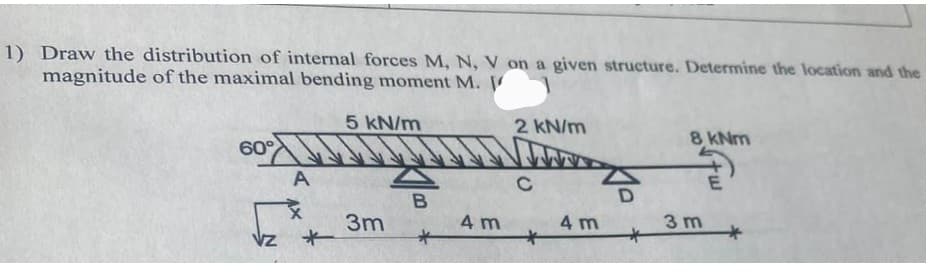 1) Draw the distribution of internal forces M, N, V on a given structure. Determine the location and the
magnitude of the maximal bending moment M.
5 kN/m
2 kN/m
8 KNm
60°
A
3m
4 m
4 m
3 m
Vz
