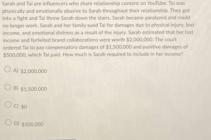 Sarah and Tai are influencers who share relationship content on YouTube. Tai was
physically and emotionally abusive to Sarah throughout their relationship. They got
into a fight and Tai threw Sarah down the stairs. Sarah became paralyzed and could
no longer work. Sarah and her family sued Tai for damages due to physical injury, lost
income, and emotional distress as a result of the injury. Sarah estimated that her lost
income and forfeited brand collaborations were worth $2,000,000. The court
ordered Tai to pay compensatory damages of $1,500,000 and punitive damages of
$500,000, which Tai paid. How much is Sarah required to include in her income?
OA) $2,000,000
OB) $1,500,000
O
C) $0
OD) $500,000