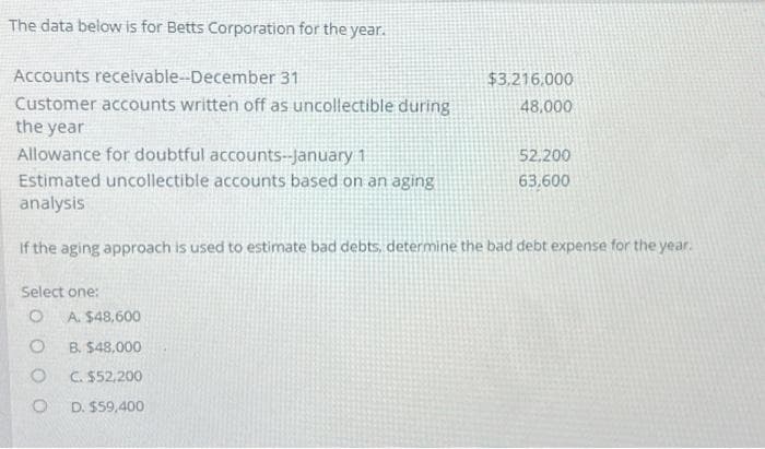 The data below is for Betts Corporation for the year.
Accounts receivable-December 31
Customer accounts written off as uncollectible during
the year
Allowance for doubtful accounts--January 1
Estimated uncollectible accounts based on an aging
analysis
If the aging approach is used to estimate bad debts, determine the bad debt expense for the year.
Select one:
O
O
O
A. $48,600
B. $48,000
C. $52,200
D. $59,400
$3,216.000
48,000
52,200
63.600