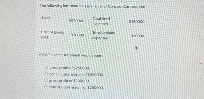The following information is available for Concord Corporation:
Total fixed
$150000
expenses
==
Total variable.
320000
expenses
Sales
Cost of goods
sold
$570000
370000
A CVP income statement would report
O gross profit of $250000,
contribution margin of $420000.
Ogross profit of $200000.
O contribution margin of $250000.