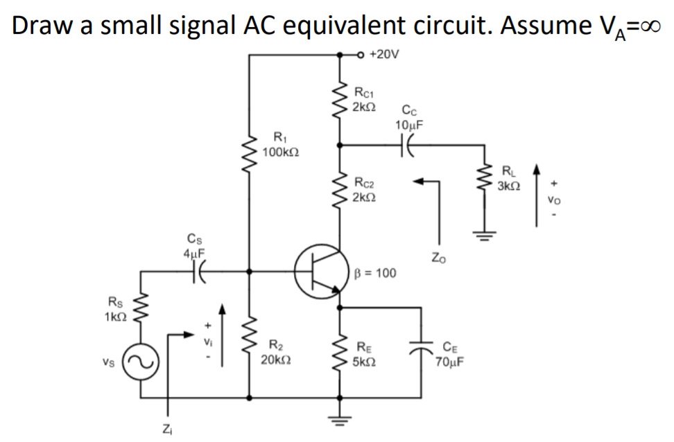Draw a small signal AC equivalent circuit. Assume V=0
+20V
Rc1
2k2
Cc
10µF
R1
100k2
R
Rc2
3k2
2k2
Vo
4µF
Zo
B = 100
Rs
1k2
R2
20k2
RE
5k2
CE
70µF
Vs
