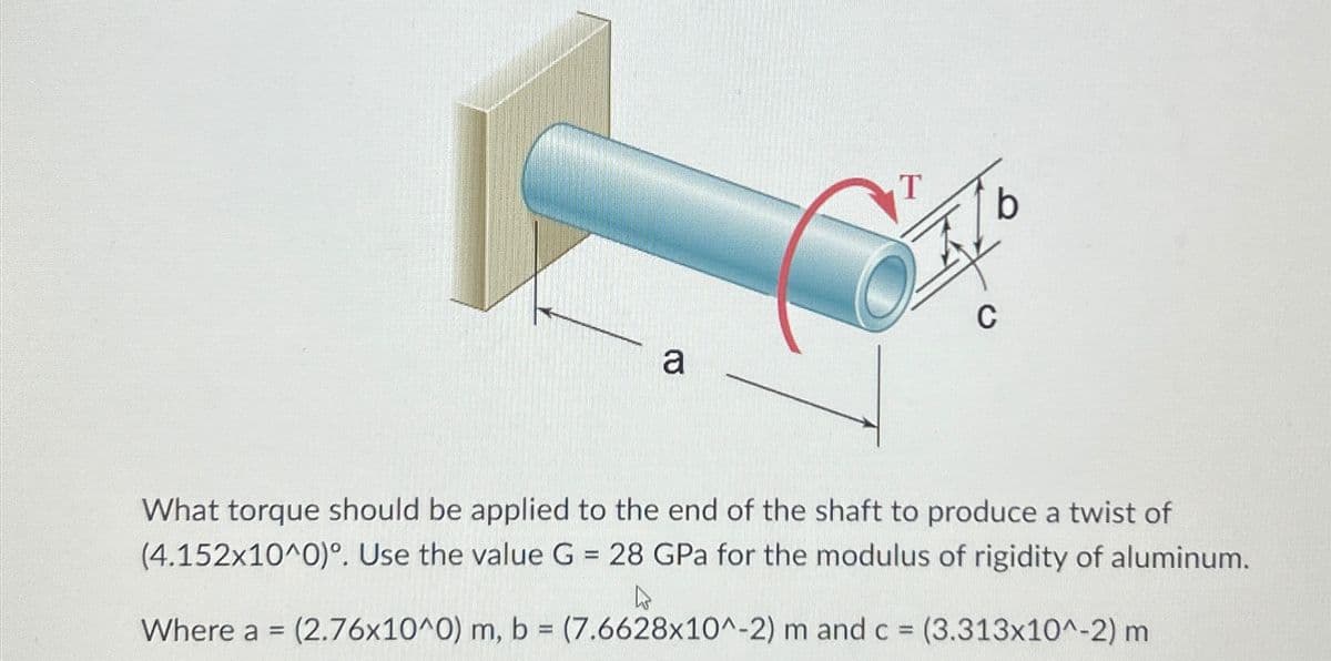 T
C
a
What torque should be applied to the end of the shaft to produce a twist of
(4.152x10^0)°. Use the value G = 28 GPa for the modulus of rigidity of aluminum.
Where a = (2.76x10^0) m, b = (7.6628x10^-2) m and c = (3.313x10^-2) m