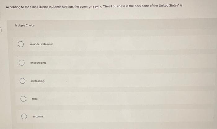 According to the Small Business Administration, the common saying "Small business is the backbone of the United States" is
Multiple Choice
an understatement.
encouraging.
misleading.
false.
accurate.