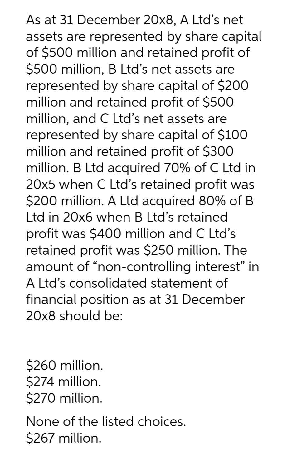 As at 31 December 20x8, A Ltd's net
assets are represented by share capital
of $500 million and retained profit of
$500 million, B Ltd's net assets are
represented by share capital of $200
million and retained profit of $500
million, and C Ltd's net assets are
represented by share capital of $100
million and retained profit of $300
million. B Ltd acquired 70% of C Ltd in
20x5 when C Ltd's retained profit was
$200 million. A Ltd acquired 80% of B
Ltd in 20x6 when B Ltd's retained
profit was $400 million and C Ltd's
retained profit was $250 million. The
amount of "non-controlling interest” in
A Ltd's consolidated statement of
financial position as at 31 December
20x8 should be:
$260 million.
$274 million.
$270 million.
None of the listed choices.
$267 million.