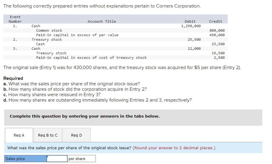 The following correctly prepared entries without explanations pertain to Corners Corporation.
Event
Number
1.
2.
3.
Cash
Common stock
Paid-in capital in excess of par value
Treasury stock
Cash
Cash
Req A
Account Title
Required
a. What was the sales price per share of the original stock issue?
Complete this question by entering your answers in the tabs below.
b. How many shares of stock did the corporation acquire in Entry 2?
c. How many shares were reissued in Entry 3?
d. How many shares are outstanding immediately following Entries 2 and 3, respectively?
Req B to C
Debit
1,290,000
Treasury stock
Paid-in capital in excess of cost of treasury stock
The original sale (Entry 1) was for 430,000 shares, and the treasury stock was acquired for $5 per share (Entry 2).
Req D
25,500
22,000
Credit
800,000
490,000
25,500
19,500
2,500
What was the sales price per share of the original stock issue? (Round your answer to 2 decimal places.)
Sales price
per share