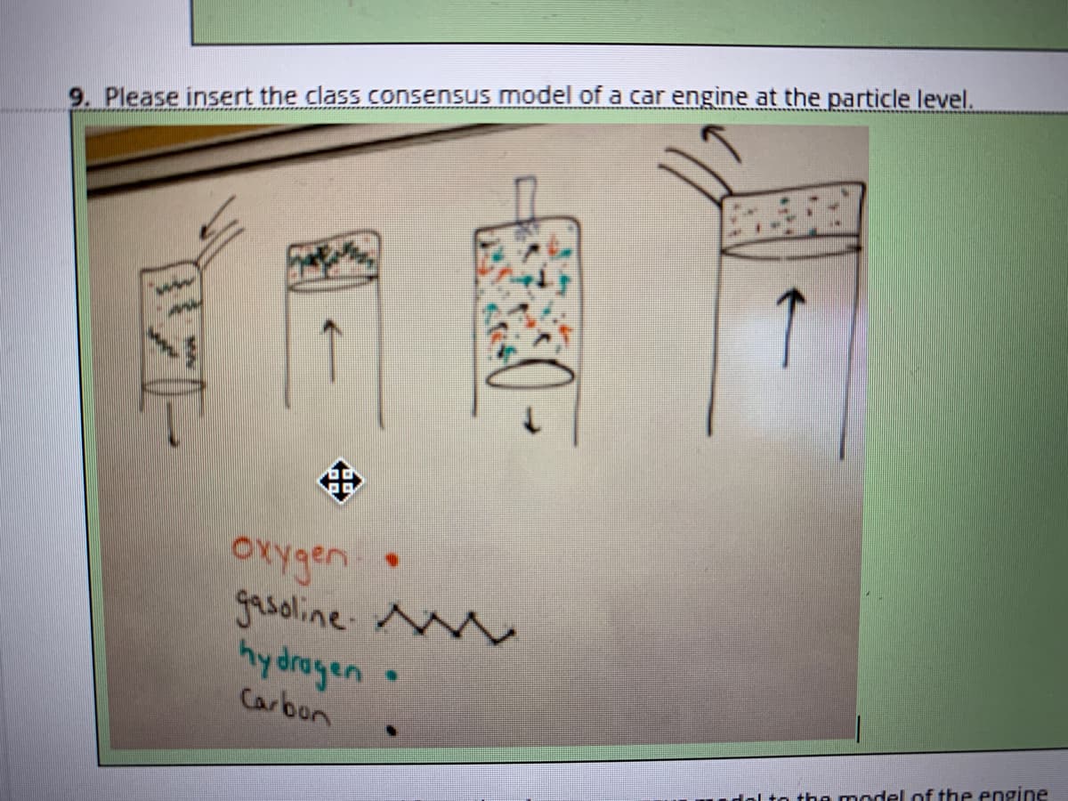 9. Please insert the class consensus model of a car engine at the particle level.
中
oxygen
grsoline M
hydragen •
in
Carbon
to the model of the engine
