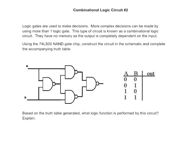Combinational Logic Circuit #2
Logic gates are used to make decisions. More complex decisions can be made by
using more than 1 logic gate. This type of circuit is known as a combinational logic
circuit. They have no memory as the output is completely dependent on the input.
Using the 74LS00 NAND gate chip, construct the circuit in the schematic and complete
the accompanying truth table.
B
A B
0
0
0
1
1
1
0
1
out
Based on the truth table generated, what logic function is performed by this circuit?
Explain.