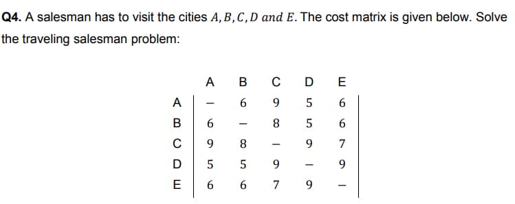 Q4. A salesman has to visit the cities A, B, C,D and E. The cost matrix is given below. Solve
the traveling salesman problem:
А в с D E
A
9
5
В
8
C
9.
8.
9.
D
9
9.
E
6 7 9
6 7
6
