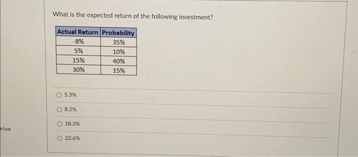 rive
What is the expected return of the following investment?
Actual Return Probability
35%
10%
40%
15%
-8%
5%
15%
30%
5.3%
8.2%
18.3%
22.6%