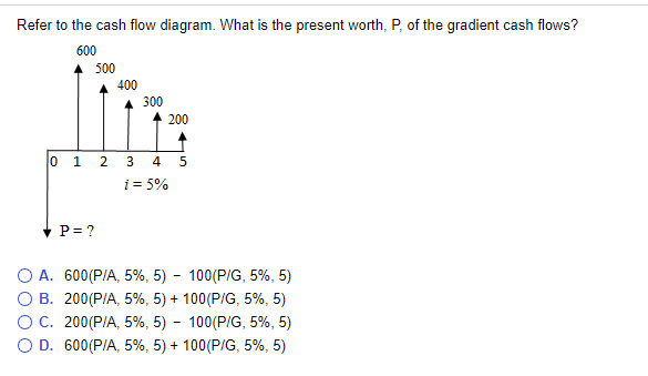 Refer to the cash flow diagram. What is the present worth, P, of the gradient cash flows?
600
500
✓ P = ?
400
300
200
0 1 2 3 4 5
i = 5%
O A. 600 (P/A, 5%, 5) - 100(P/G, 5%, 5)
B.
200 (P/A, 5%, 5) + 100(P/G, 5%, 5)
200 (P/A, 5%, 5) - 100 (P/G, 5%, 5)
O C.
O D. 600 (P/A, 5%, 5) + 100(P/G, 5%, 5)