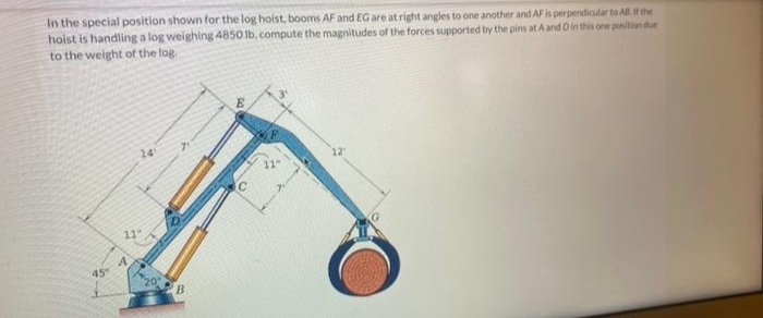 In the special position shown for the log hoist, booms AF and EG are at right angles to one another and AF is perpendicular to All If the
hoist is handling a log weighing 4850 Ib, compute the magnitudes of the forces supported by the pins at A and Din this one position due
to the weight of the fog.
14
12
11
11
45
20
B
