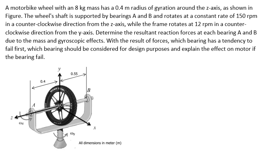 SECW OM
A motorbike wheel with an 8 kg mass has a 0.4 m radius of gyration around the z-axis, as shown in
Figure. The wheel's shaft is supported by bearings A and B and rotates at a constant rate of 150 rpm
in a counter-clockwise direction from the z-axis, while the frame rotates at 12 rpm in a counter-
clockwise direction from the y-axis. Determine the resultant reaction forces at each bearing A and B
due to the mass and gyroscopic effects. With the result of forces, which bearing has a tendency to
fail first, which bearing should be considered for design purposes and explain the effect on motor if
the bearing fail.
y
0.55
0.4
All dimensions in meter (m)
