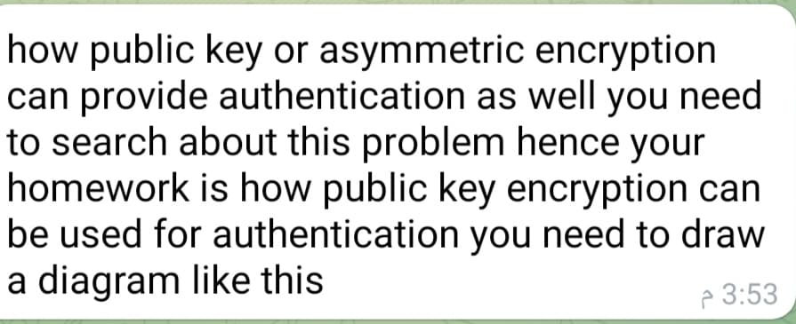 how public key or asymmetric encryption
can provide authentication as well you need
to search about this problem hence your
homework is how public key encryption can
be used for authentication you need to draw
a diagram like this
e 3:53
