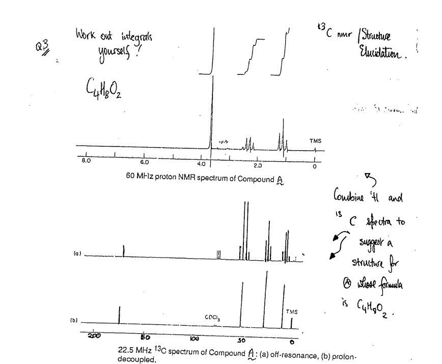 Q3
Work out integrals
yourself?
Синог
(a)
(b)
8.0
200
4.0
6.0
2.0
60 MHz proton NMR spectrum of Compound A
B
100
ille
COCI
TMS
50
30
TMS
0
nmr Structure
3
Combine 'I and
13
Elucidation.
C spectra to
5
50
22.5 MHz 13C spectrum of Compound A: (a) off-resonance, (b) proton-
decoupled.
suggest a
structure for
whose formula
is Cutts 0₂.
CHO