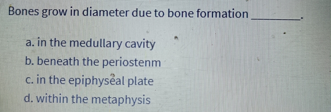 Bones grow in diameter due to bone formation
a. in the medullary cavity
b. beneath the periostenm
c. in the epiphyseal plate
d. within the metaphysis
