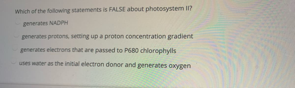 Which of the following statements is FALSE about photosystem II?
generates NADPH
generates protons, setting up a proton concentration gradient
generates electrons that are passed to P680 chlorophylls
uses water as the initial electron donor and generates oxygen
