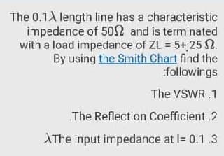 The 0.1A length line has a characteristic
impedance of 502 and is terminated
with a load impedance of ZL = 5+j25 N.
By using the Smith Chart find the
followings
The VSWR .1
The Reflection Coefficient .2
AThe input impedance at l= 0.1.3
