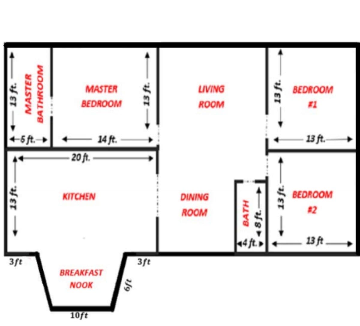 MASTER
LIVING
BEDROOM
BEDROOM
ROOM
#1
+5 ft.→
14 ft.
13 ft.
- 20 ft.
KITCHEN
DINING
BEDROOM
ROOM
#2
44 ft. »
13 ft.
3ft
3ft
BREAKFAST
NOOK
10ft
13 ft.
13 ft.
MASTER
BATHROOM
6ft
13 ft.
BATH
18 ft.
13 ft.-
13 ft.
