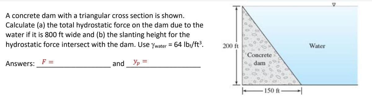 A concrete dam with a triangular cross section is shown.
Calculate (a) the total hydrostatic force on the dam due to the
water if it is 800 ft wide and (b) the slanting height for the
hydrostatic force intersect with the dam. Use Ywater = 64 lbf/ft³.
Answers: F =
and
Yp =
200 ft
Concrete
dam
150 ft-
Water