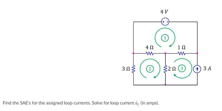 3 ΩΣ
4 Ω
ww
Find the SAE's for the assigned loop currents. Solve for loop current i1 (in amps).
4V
+
ΣΖΩ
1Ω
4) 3 A